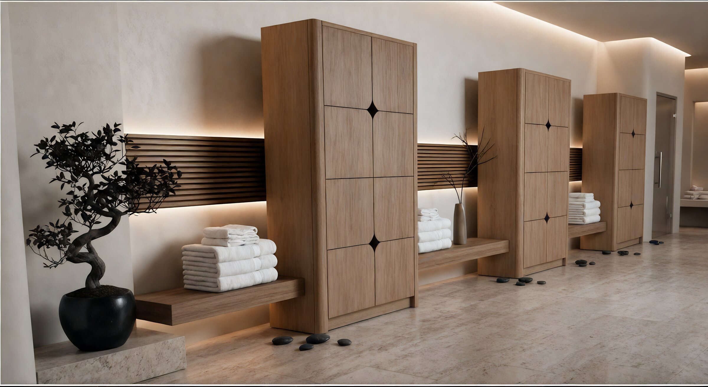 Custom oak spa lockers with carved star inlay motif, slatted feature wall and floating benches