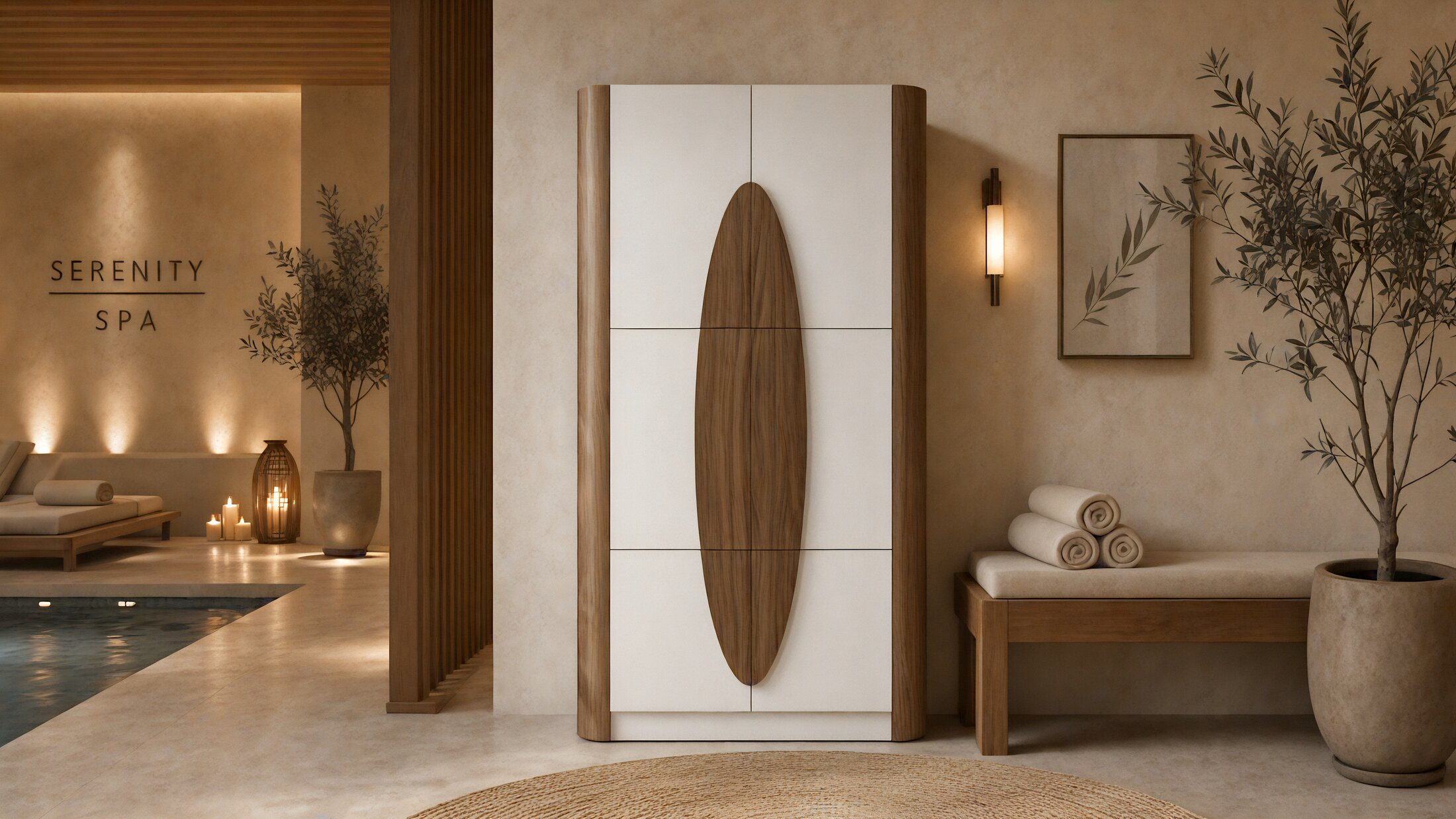 Sculpted custom locker with walnut frame and matte white curved panel installed in a luxury spa setting