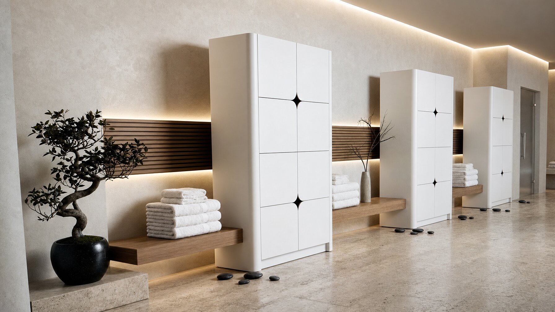 Custom white textured lockers with dark star inlay in luxury spa setting