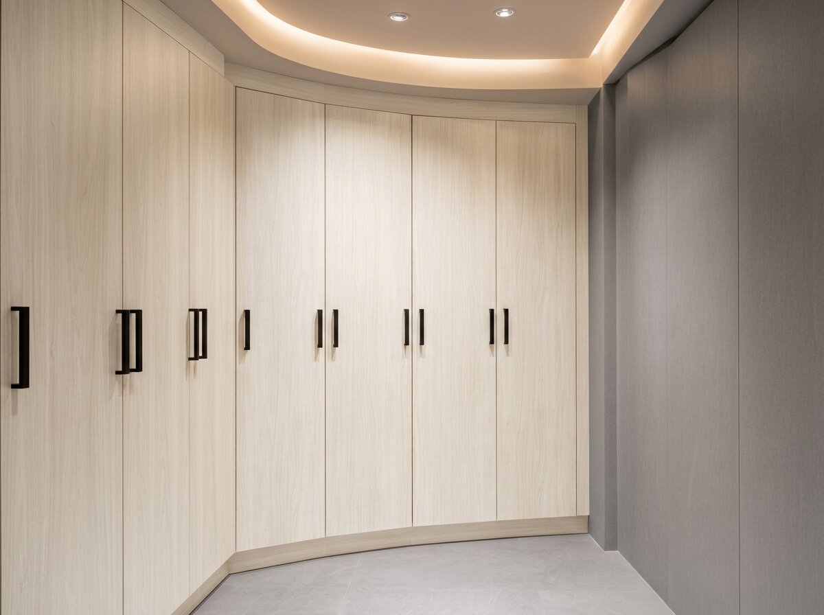 Custom curved-corner wood locker installation in light oak