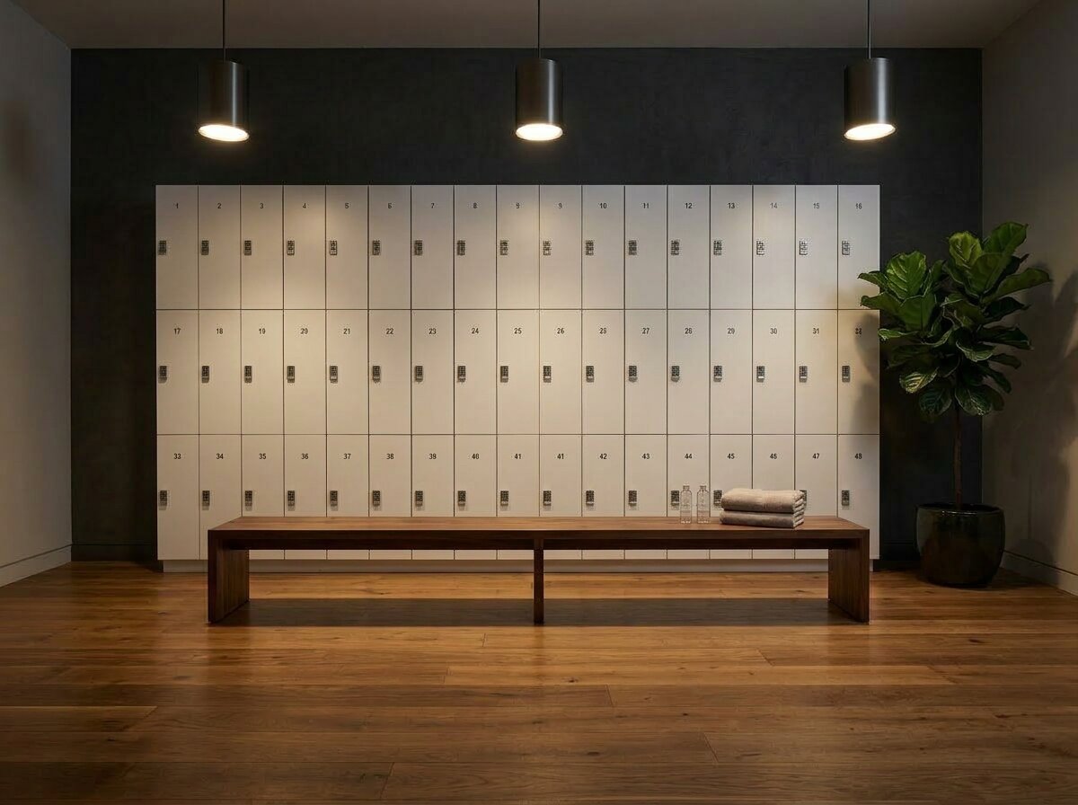 Gym locker room with cream two-tier wood lockers and timber bench