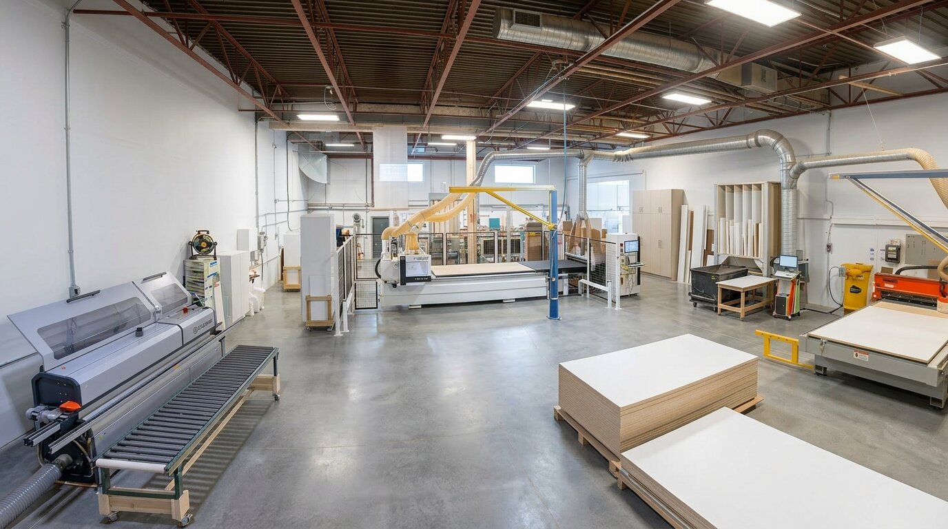 Timber Fit manufacturing facility in Calgary — CNC routers, dust collection and panel stock
