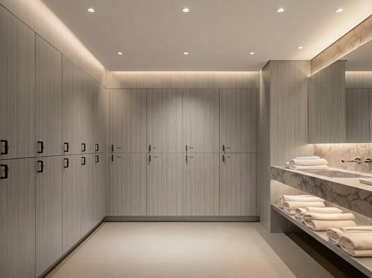 Spa wellness locker room with light grey wood-grain lockers and marble vanity
